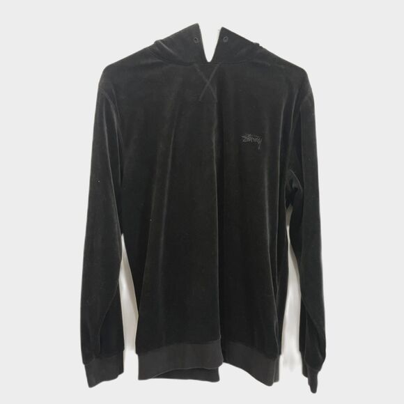 Stussy Black Velvet Pullover Hoodie Top   Mens Size Small - Picture 1 of 9